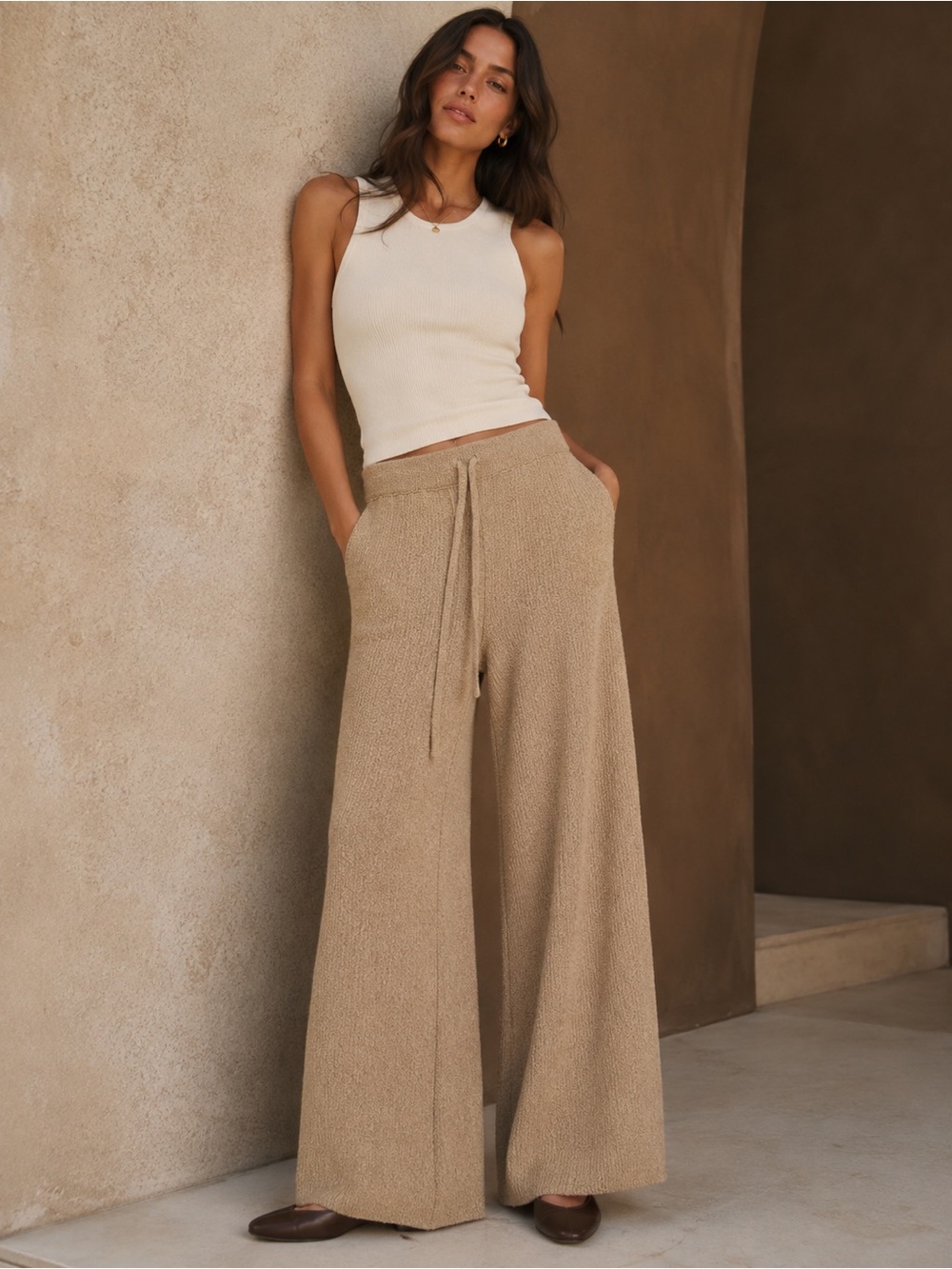 Nation LTD NWOT Bouclé Wide Leg Westside Lounge Pant in Camel, Size Small